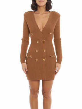 ELISABETTA FRANCHI CAMEL DOUBLE BREASTED SWEATER MINI DRESS GOLD HARDWARE SMALL